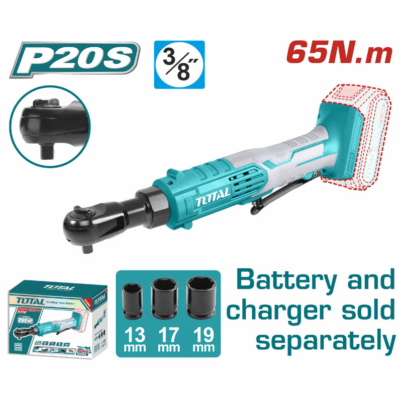 Ratchet Inalámbrico 20V de 3/8" 65Nm. Incluye 3 llaves. Batería y cargador por separado. Llave impacto