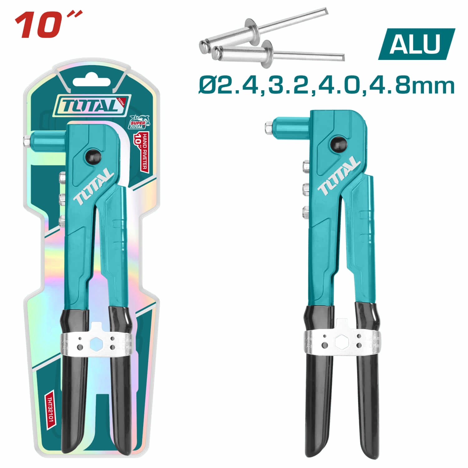 Remachadora Manual de 10". Para remaches de 2.4mm, 3.2mm, 4mm, 4.8mm.