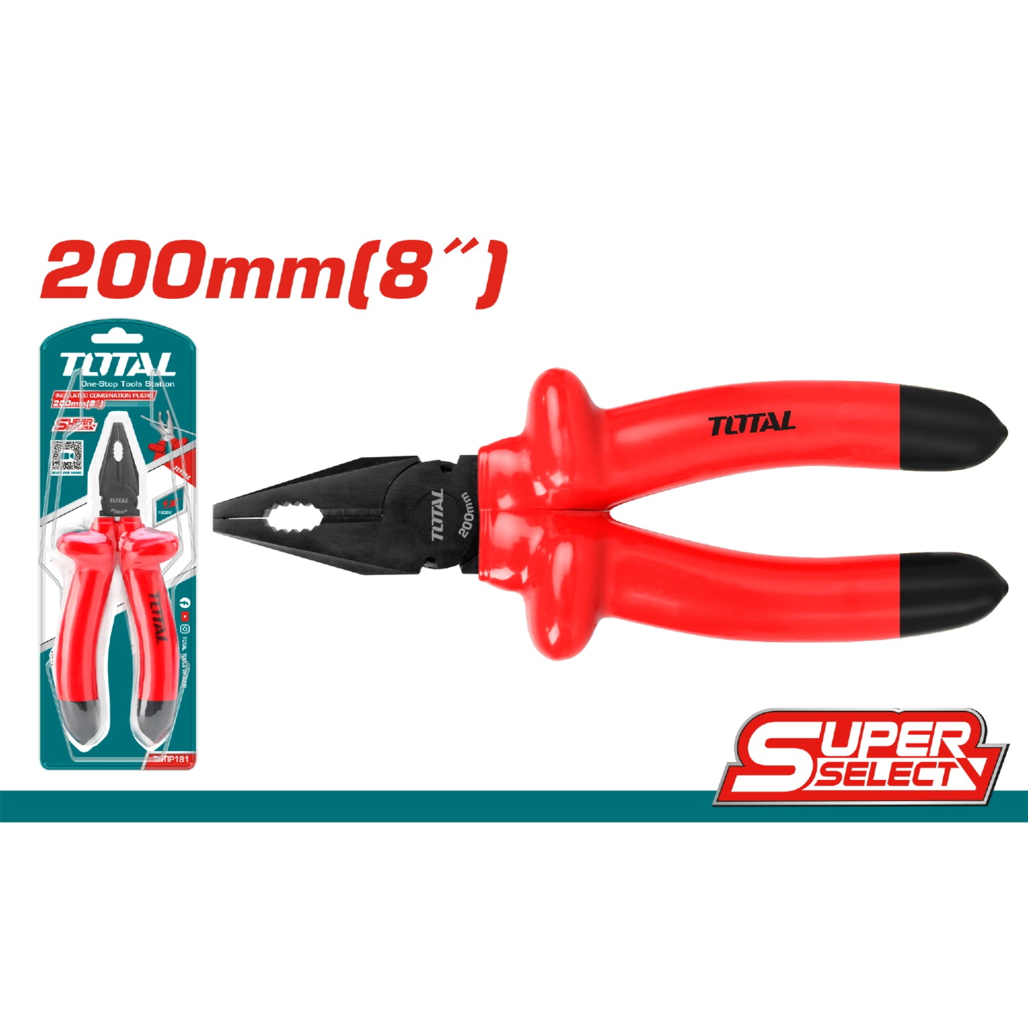 Alicate de combinacion aislado 8"/200mm Cr-V. Probados en 10,000Voltios.