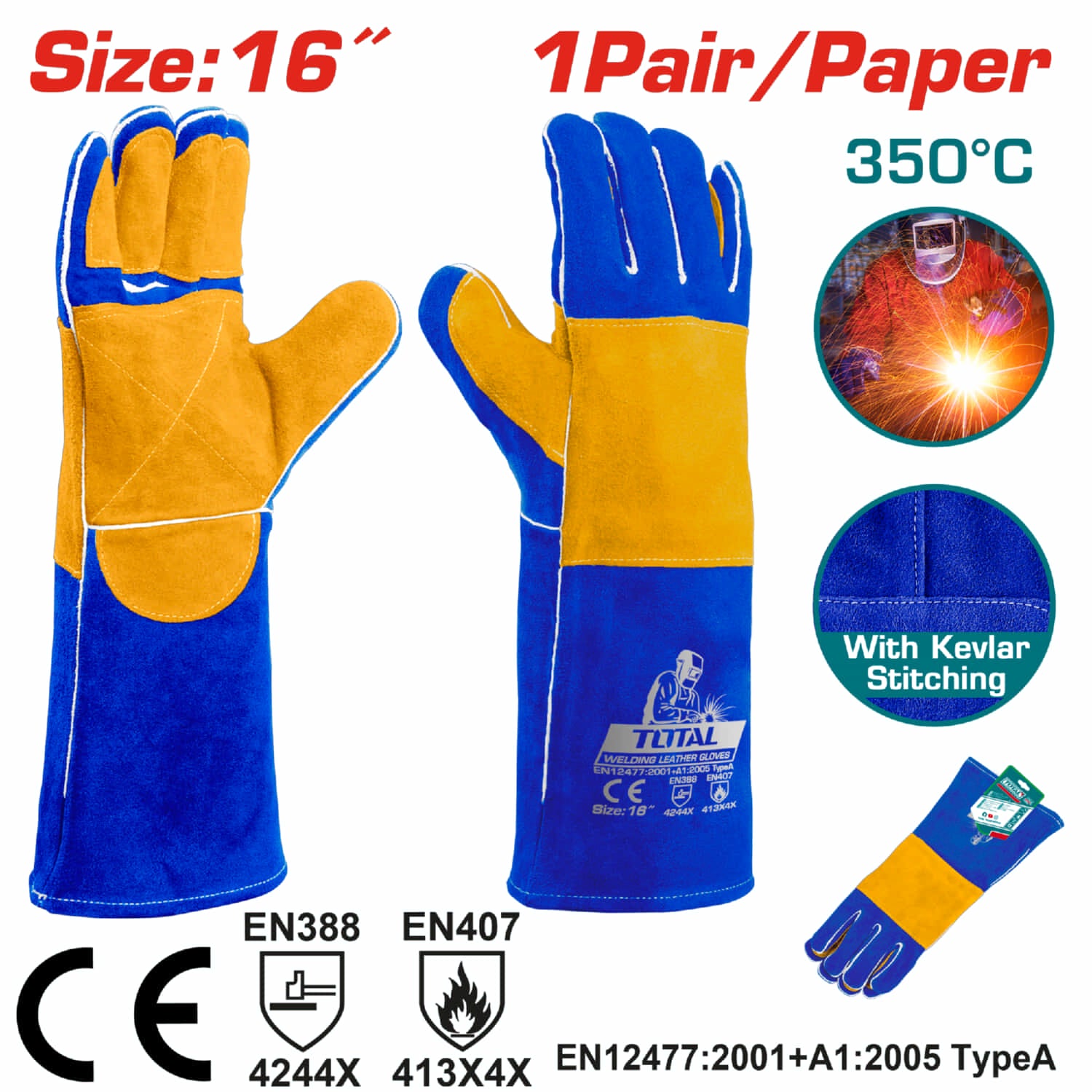Guantes para soldar 350°. Talla 16" Alta temperatura. Cuero de Vaca. Tejido en Kevlar. (Par)