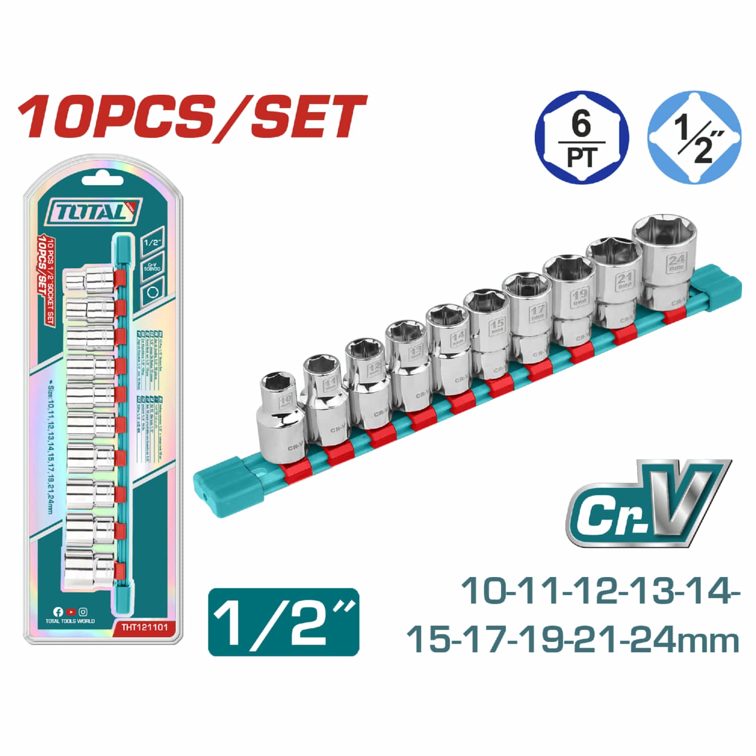 Juego de socket dados 10PCS  1/2" , 50BV30 Acero CrV de alta calidad
