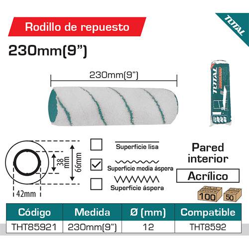 Rodillo De Pintar De Repuesto 230 Mm/9". Largo De La Fibra 12 Mm.