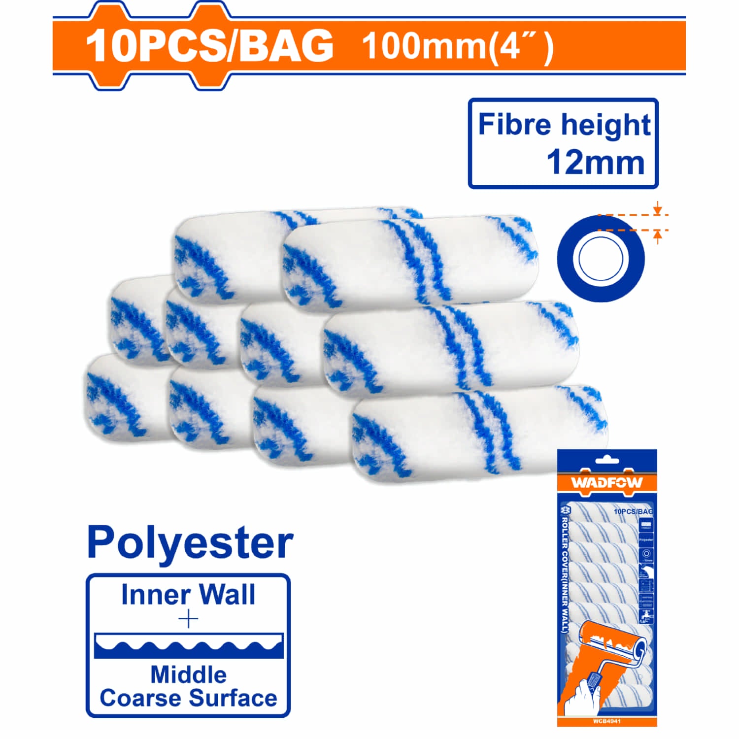 Rodillos para pintar en Interiores 4" Alt.12mm. Poliéster. (Set de 10 piezas)