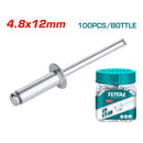 100/pza Remache 4.8x12mm. De extremo abierto . Aluminio.