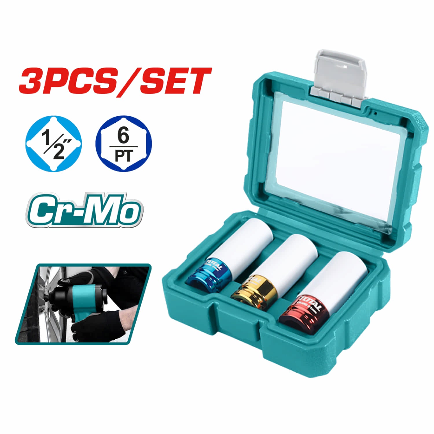 Juego de dados Socket para tuercas con protector externo de Funda de Nylon de 3 piezas. CrMo.