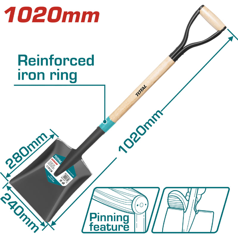 Pala cuadrada  de 1030 mm de largo. Pala 240 x 280 mm mango de madera. Material: Acero al Carbon.