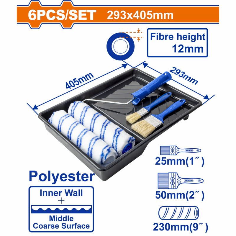 Rodillos, Brochas y Bandeja para pintar. Set de 6 piezas. Ideal para interiores. Poliéster.