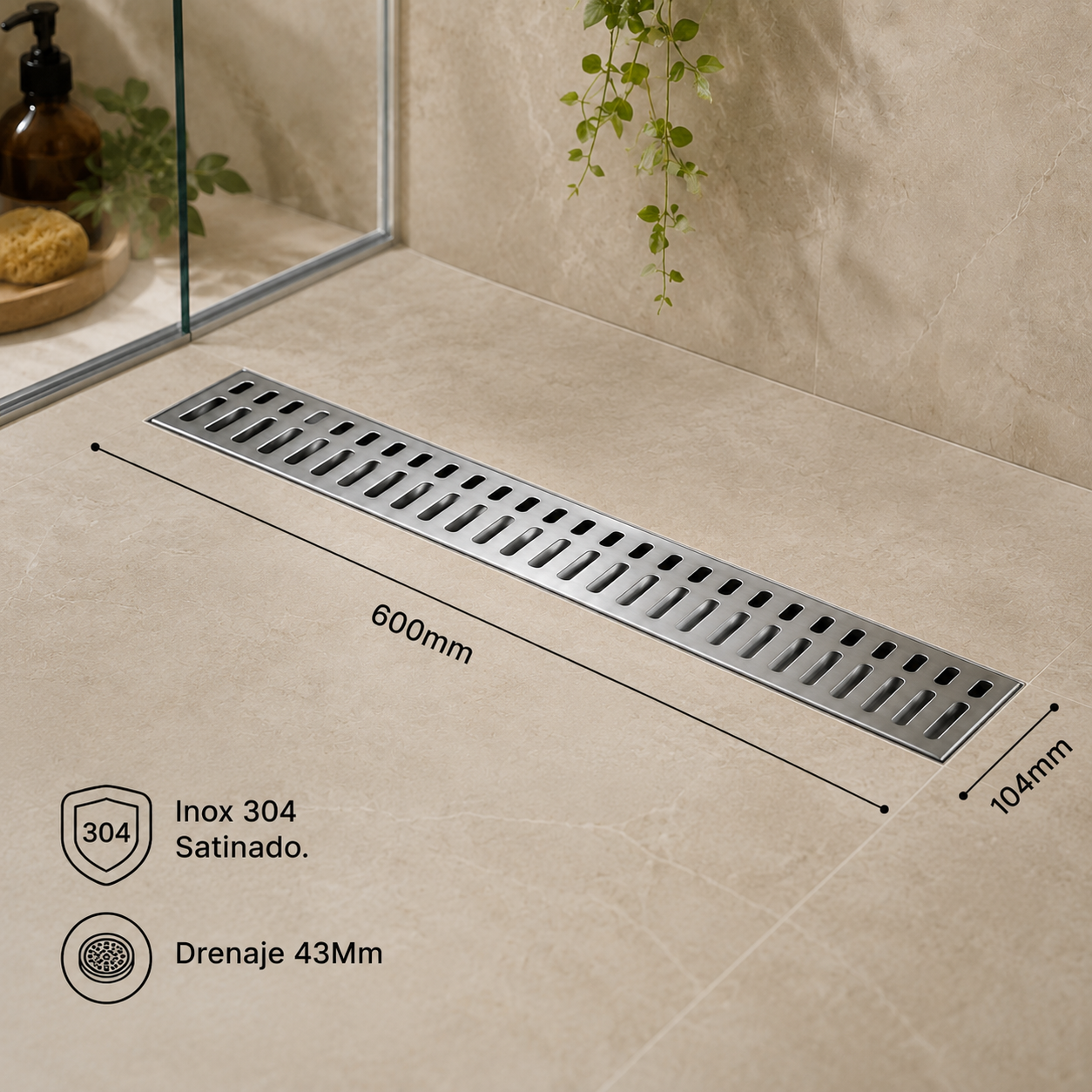 Desague Drenaje de piso rectangular grande de 600x104 mm de lujo. Inox 304 satinado. Drenaje 43mm.