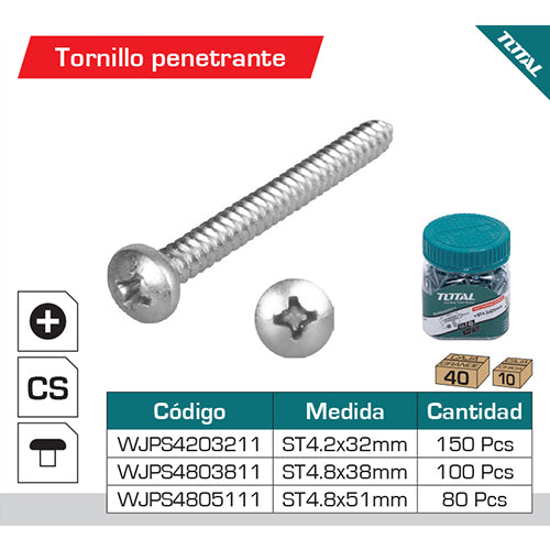 100/pzas Tornillo penetrante ST4.8x38mm estrella phillips cabeza plana. galvanizado.