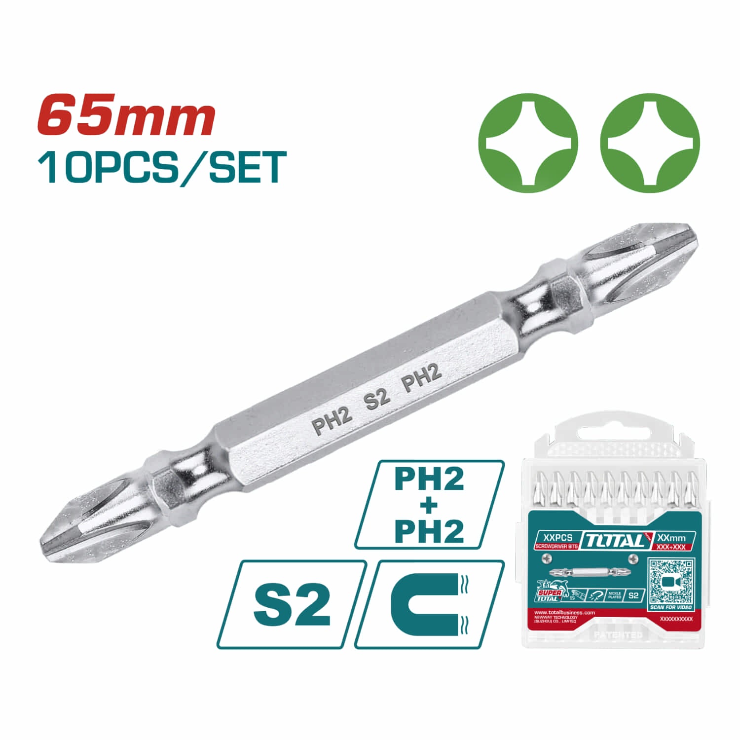 Juego puntas Destornilladores tipo estrella broca PH2 65 mm. 10 pzas. De doble extremo.