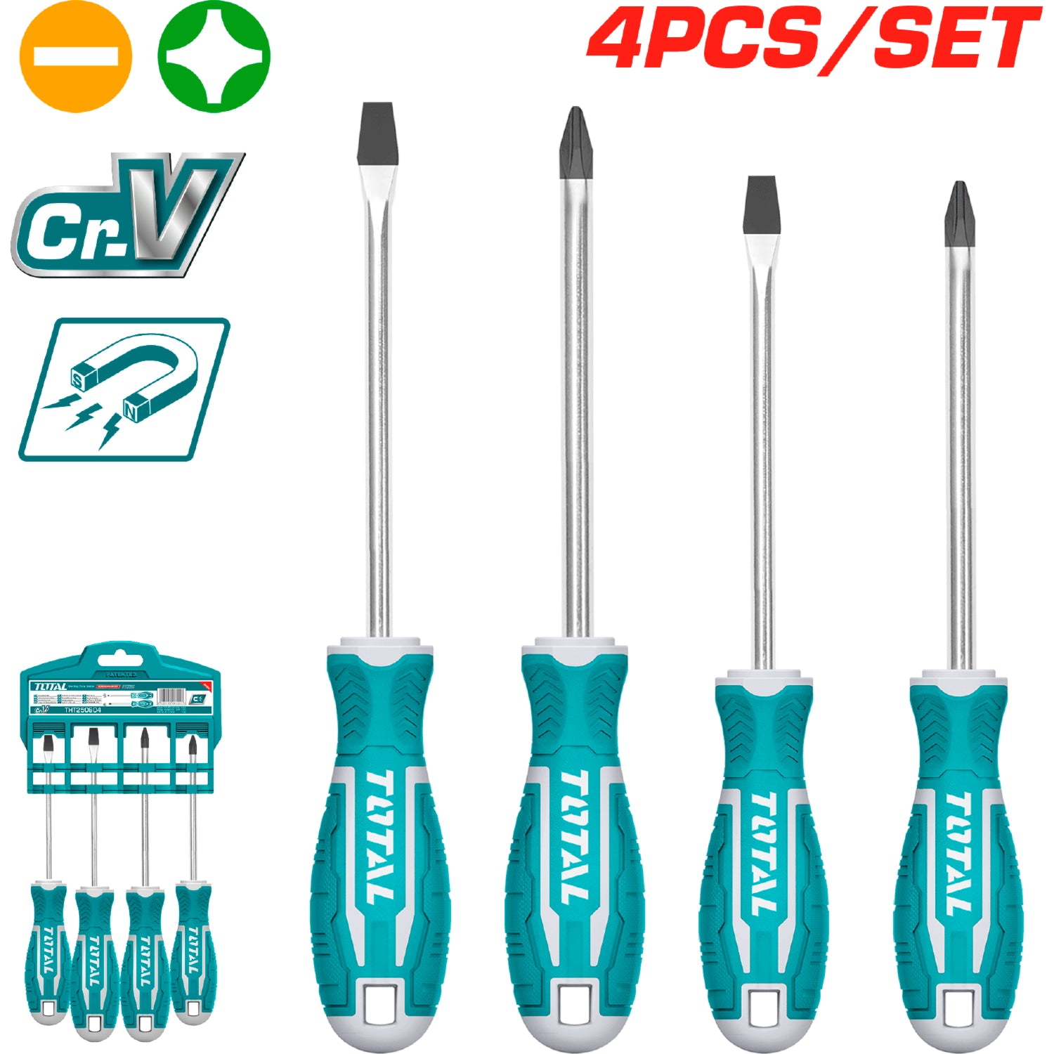 Juego de destornilladores de 4 pcs. CR-V. Blíster. Incluye sostenedor de plástico.