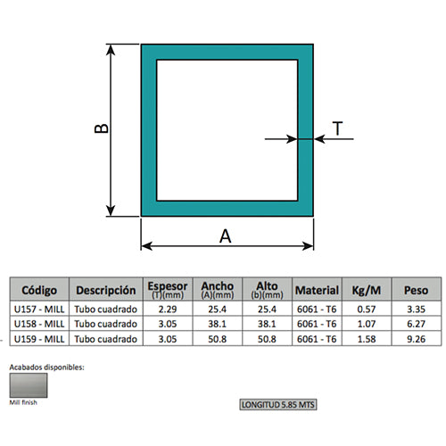 Perfiles de Aluminio Cuadrado 1 1/2". Espesor 3.05 mm Largo 5.85 mts. Material 6061-T6. Acabado Mill