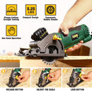 Mini sierra circular compacta 3-3/8" con guía láser, 3 hojas de sierra.