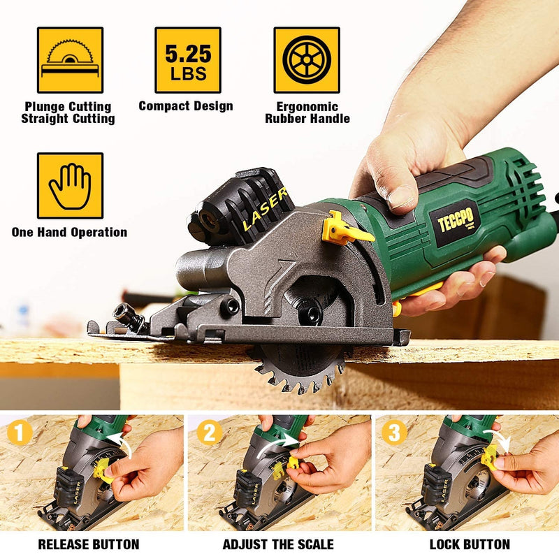 Mini sierra circular compacta 3-3/8" con guía láser, 3 hojas de sierra.