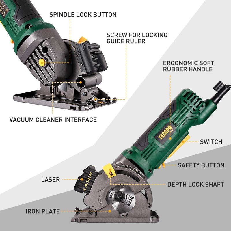 Mini sierra circular compacta 3-3/8" con guía láser, 3 hojas de sierra.