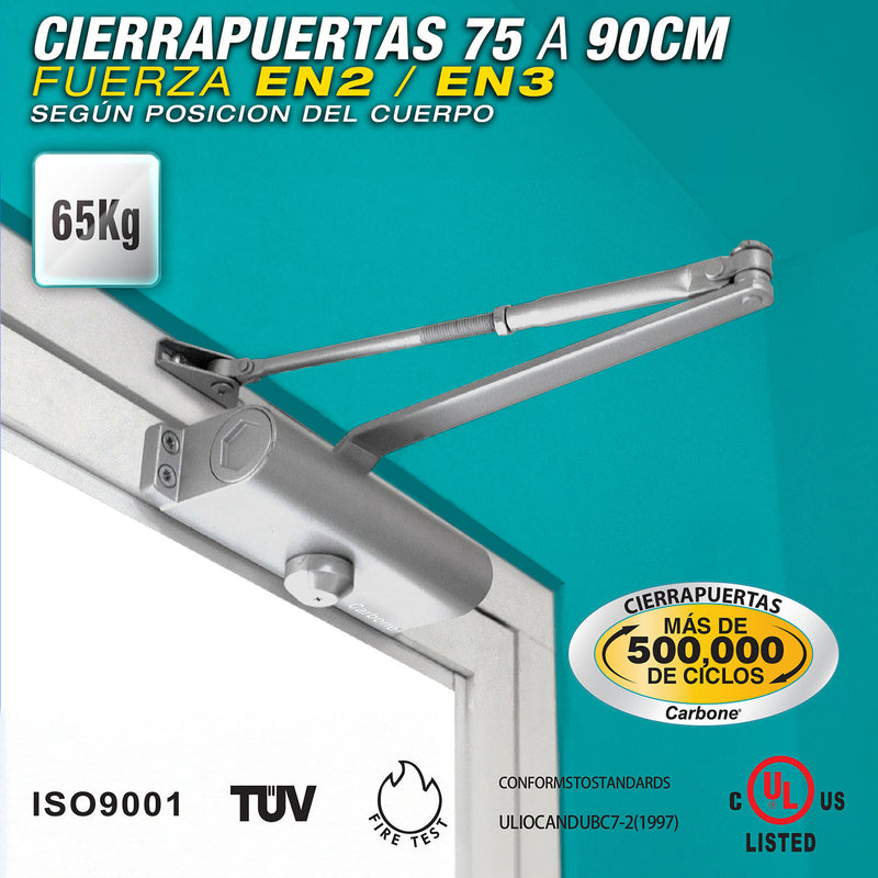 Cierrapuertas para 75 a 90 cm (65kg).Fuerza  EN2 o EN3  según posicion del cuerpo. Color gris.
