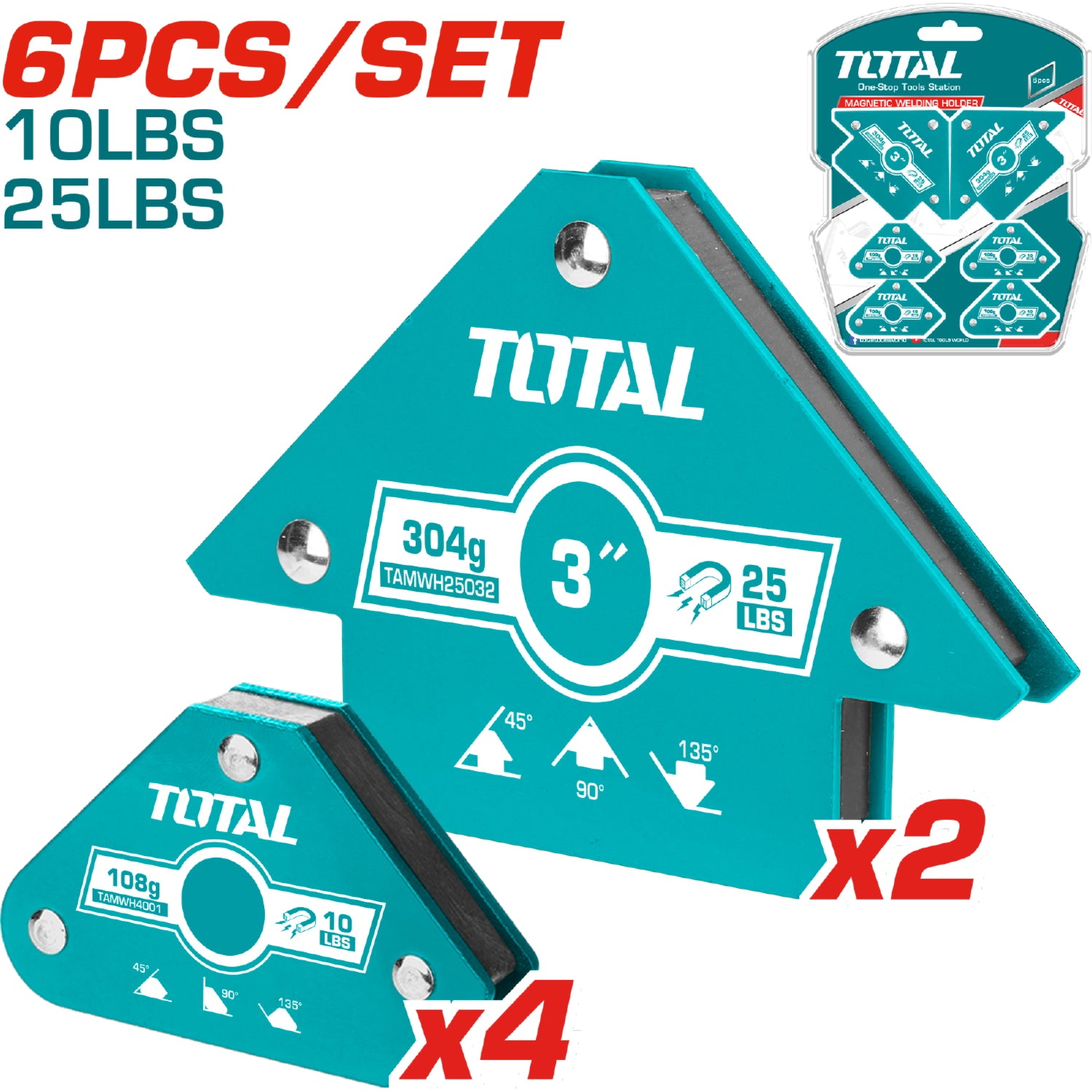 Set de 6 de escuadras de soldadura magnéticos. Acero Fuerza de Tracción de 10 y 25 Lbs