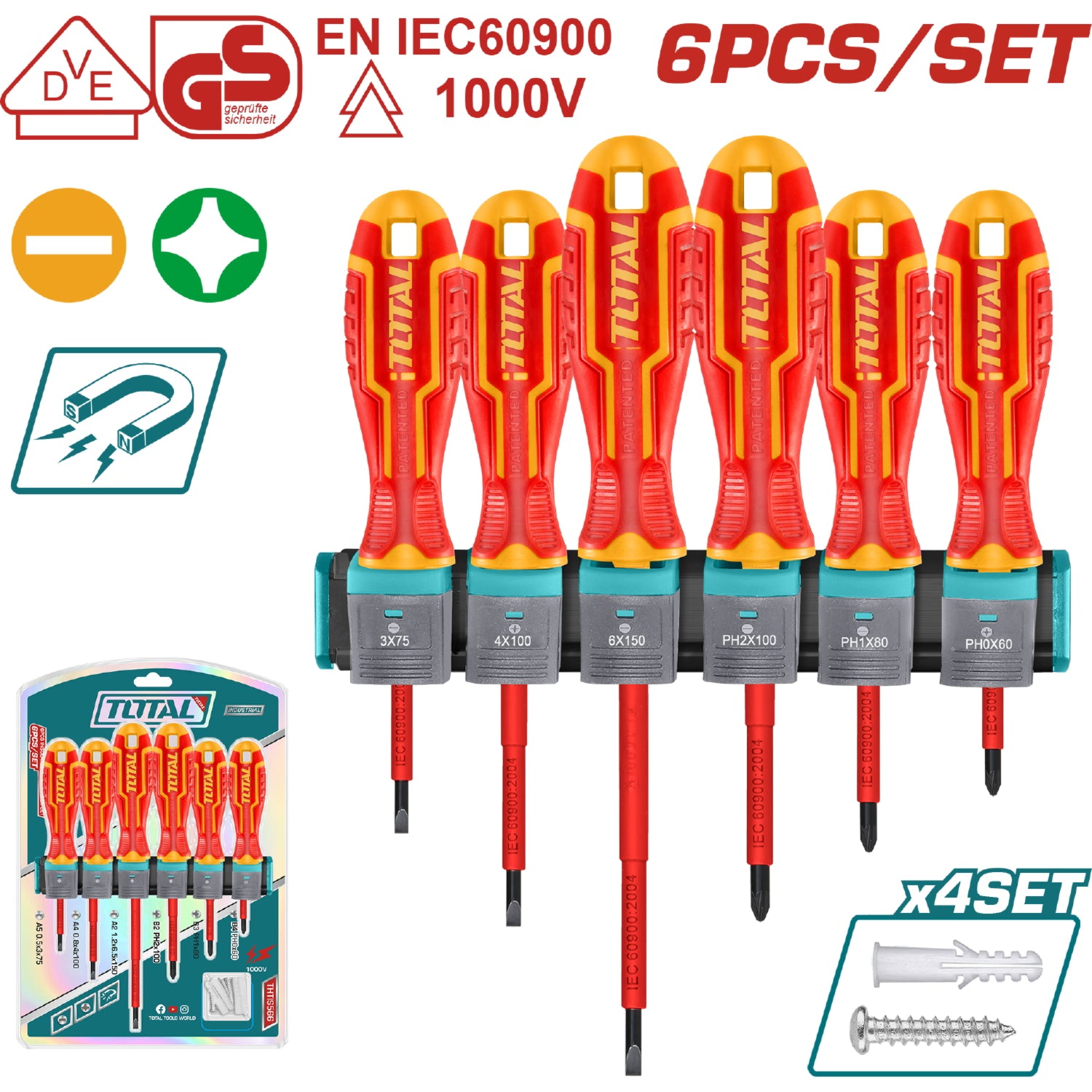 Juego 6pza Destor.Insul.Cr-V.1000volts.Cert VDE SL3.0×75,SL4.0×100,SL6.5×150,PH0×60,PH1×80,PH2×100