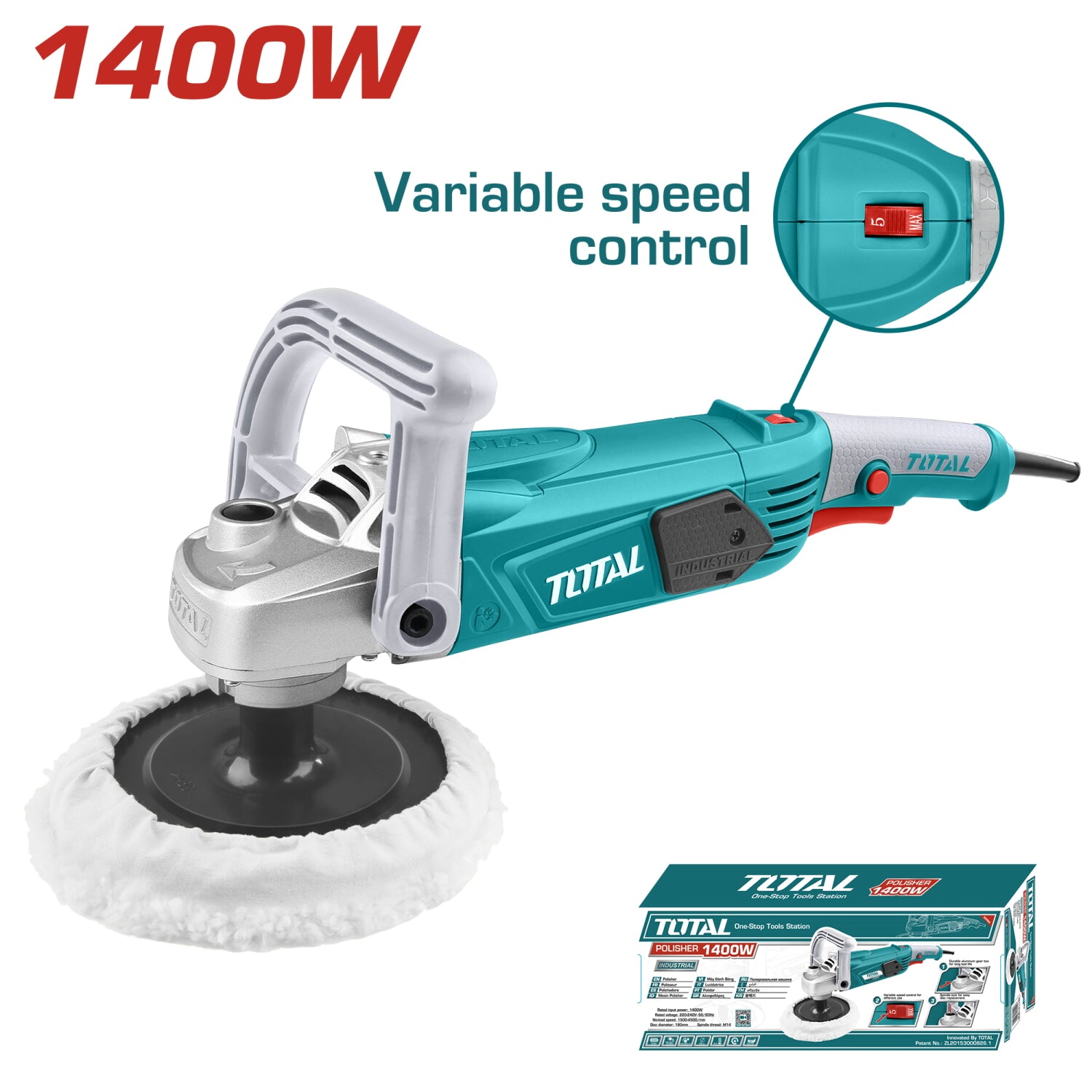 Pulidora de felpa 1400W de 7" vel.900-3800rpm Caja de engranajes en alum calidad indus. Incluye 1 fe