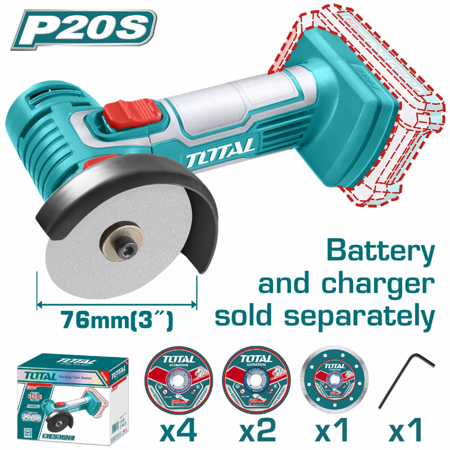 Cortadora Mini Compacta 20V de 3" Veloc.19500/min. disco: 76mm. Batería y cargador por separado.