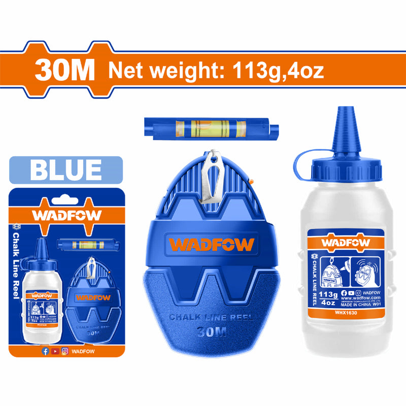 Tira línea 30mts de largo. Incluye una botella de tiza, un nivel de burbuja y polvo azul. Chalk line tiza hilo