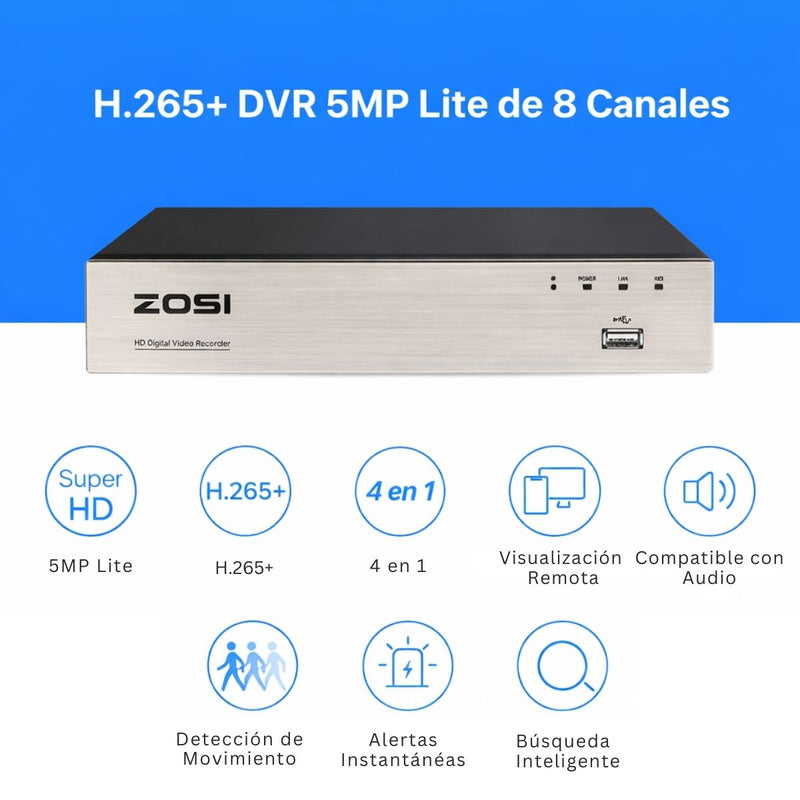 DVR 8 Canales 5MP H.265+ Híbrido con Salida HDMI y VGA. Servidor de Videovigilancia Compatible TVI AHD CVI CVBS. Soporta Disco Duro hasta 8TB