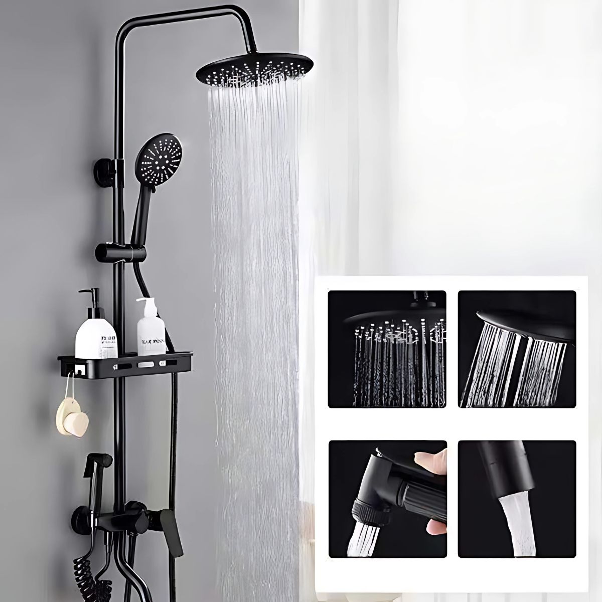 Regadera de Ducha con Barra Ajustable y Doble Salida. Cabezal Tipo Lluvia 360°, Teléfono Manual y Estante Integrado. Color negro.