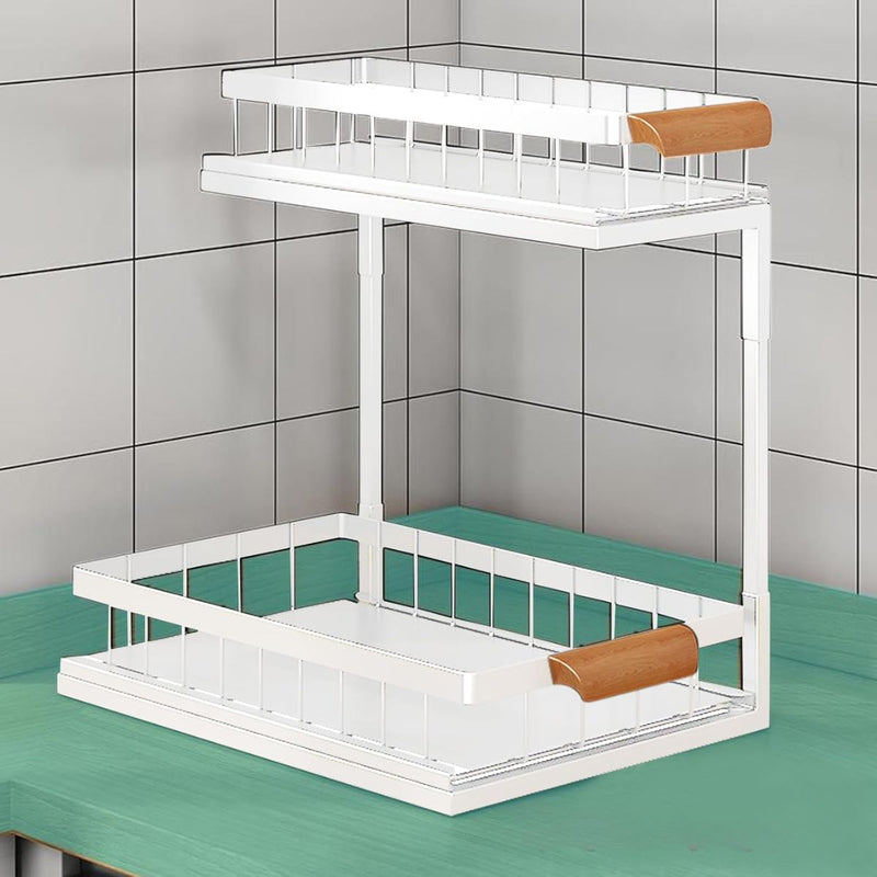 Organizador De Dos Niveles Con repisas Deslizantes. Estante de Almacenamiento para Cocina o Baño 37x36.5x27cm. Color banco.