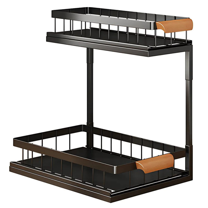 Organizador De Dos Niveles Con repisas Deslizantes. Estante de Almacenamiento para Cocina o Baño 37x36.5x27cm. Color negro.