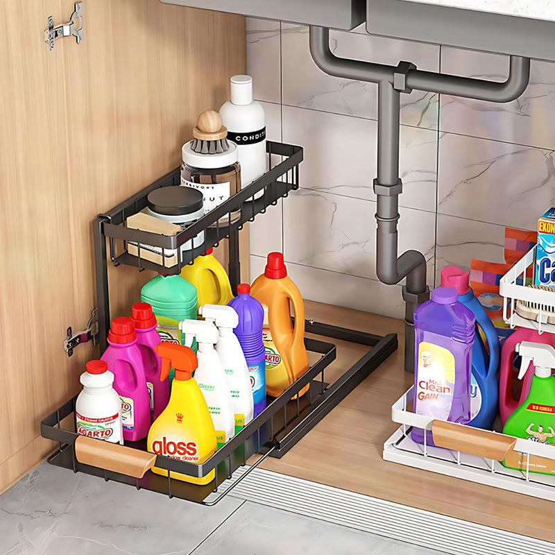 Organizador De Dos Niveles Con repisas Deslizantes. Estante de Almacenamiento para Cocina o Baño 37x36.5x27cm. Color negro.