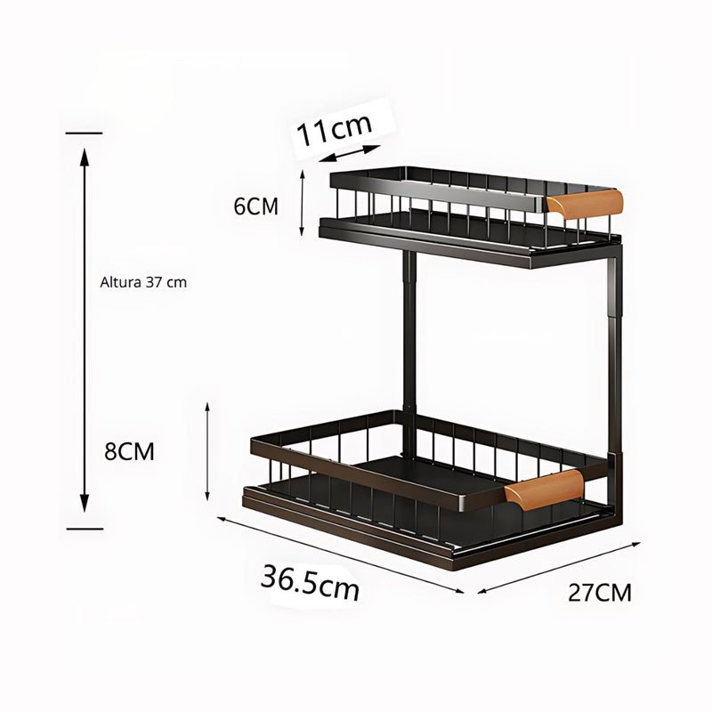 Organizador De Dos Niveles Con repisas Deslizantes. Estante de Almacenamiento para Cocina o Baño 37x36.5x27cm. Color negro.