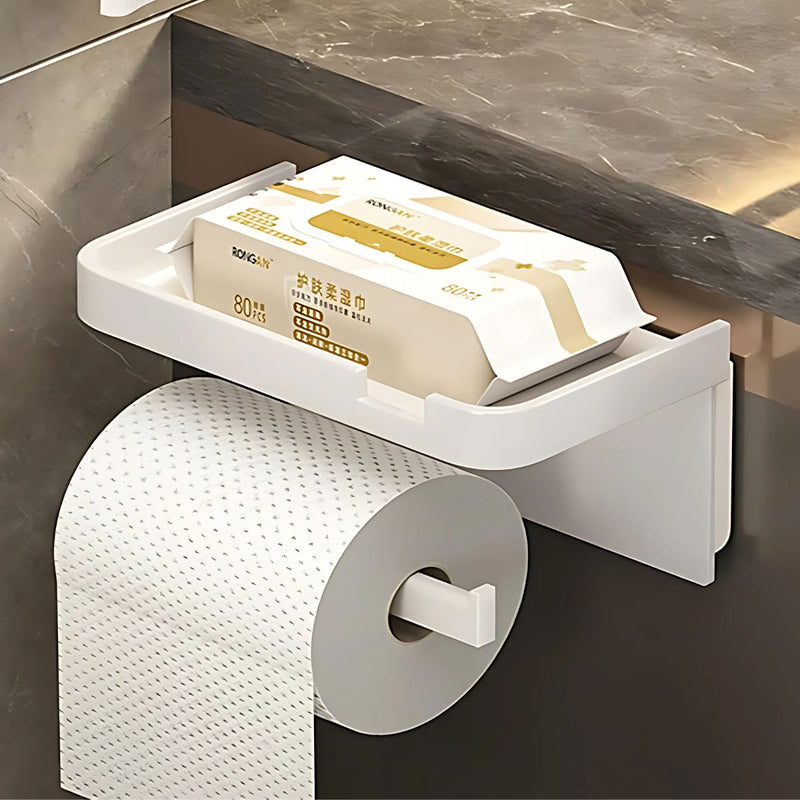 Portar rollos de Papel Higiénico con Bandeja para celular. Color blanco.