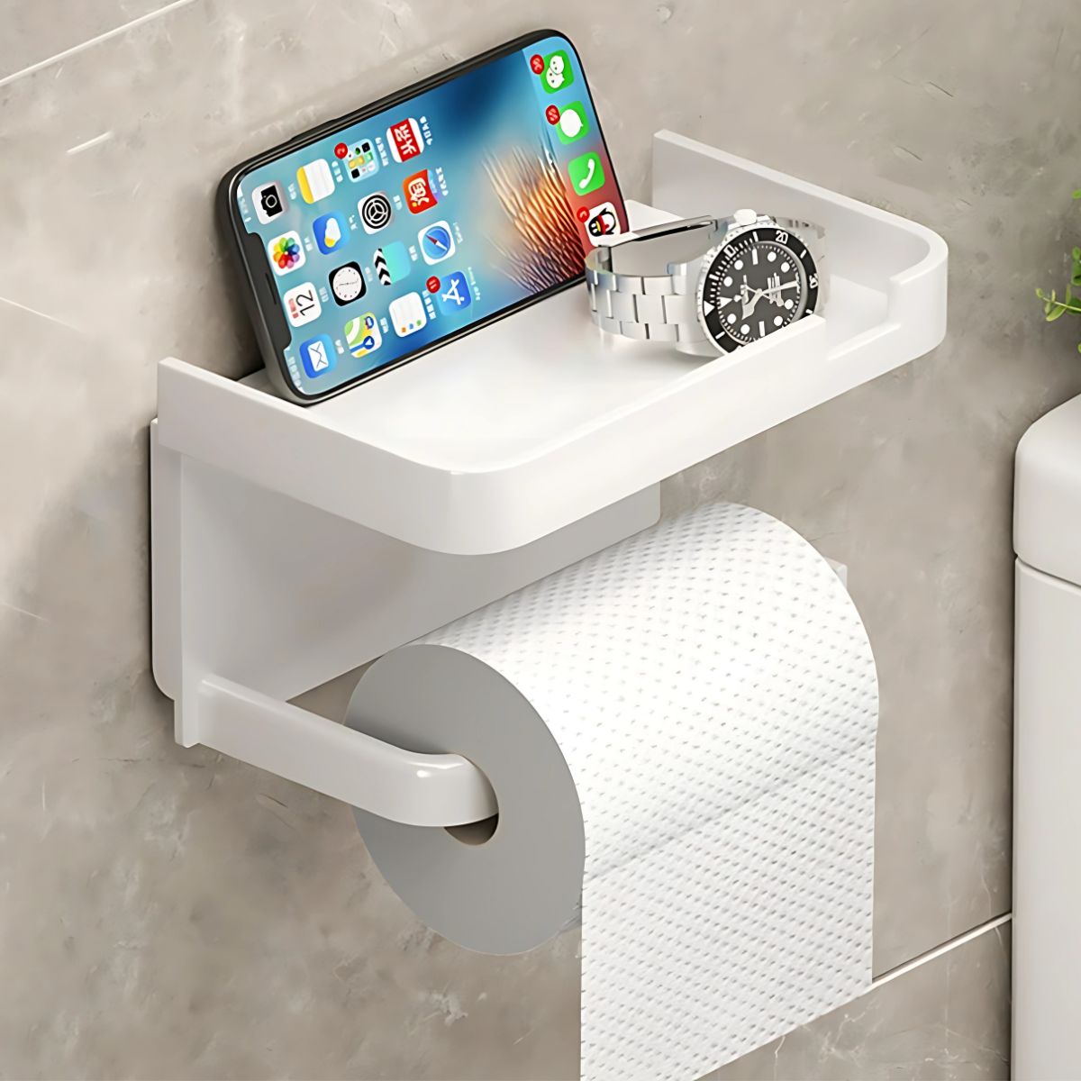 Portar rollos de Papel Higiénico con Bandeja para celular. Color blanco.