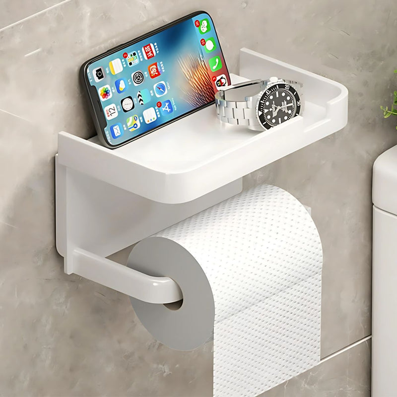 Portar rollos de Papel Higiénico con Bandeja para celular. Color blanco.