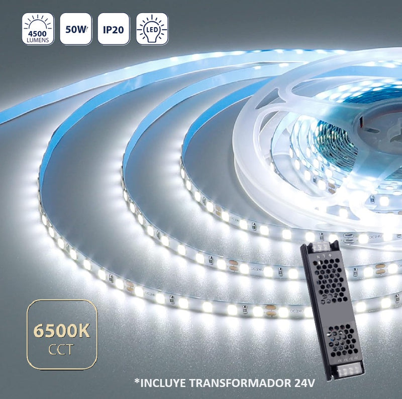Cinta LED interior 5M 24V 6005K, 4500lm, chip 2835, 50W, flexible y recortable. Tira LED