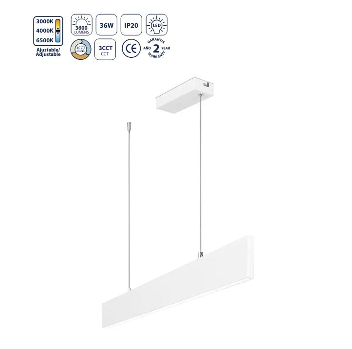 Lámpara Colgante Lineal LED Blanca 36W CCT - 3600 lm, Temperatura Ajustable. Lámpara de Techo Lineal.