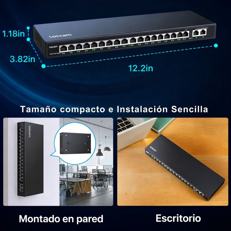 Switch PoE Gigabit 16 Puertos IEEE 802.3af/at con 30W por Puerto y 156W Total. Conmutador de 1000Mbps y 300m Extensión con Protección 4KV