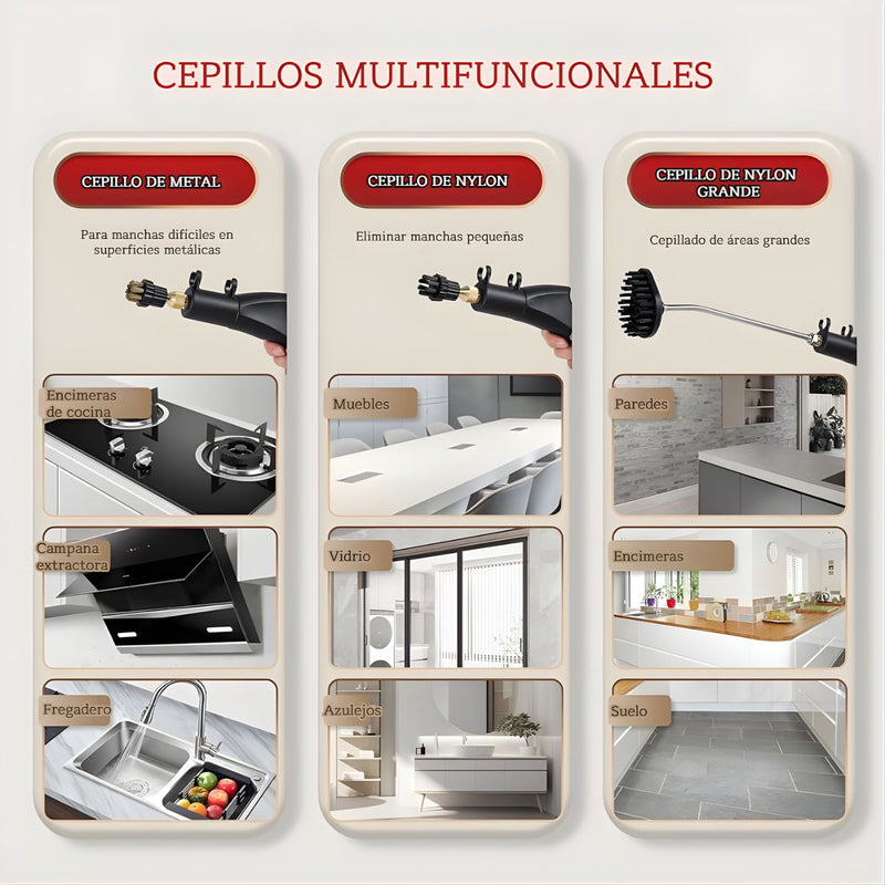 Limpiador a Vapor de Alta Presión. Máquina de Limpieza a Vapor Multifuncional con cepillos intercambiables.