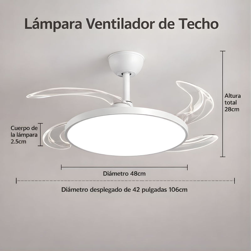Abanico de Techo 42” con Lámpara LED. Ventilador Invisible con Aspas Retráctiles. Luz Regulable con control remoto. Color blanco. 96W+35w para 10 a 25mts