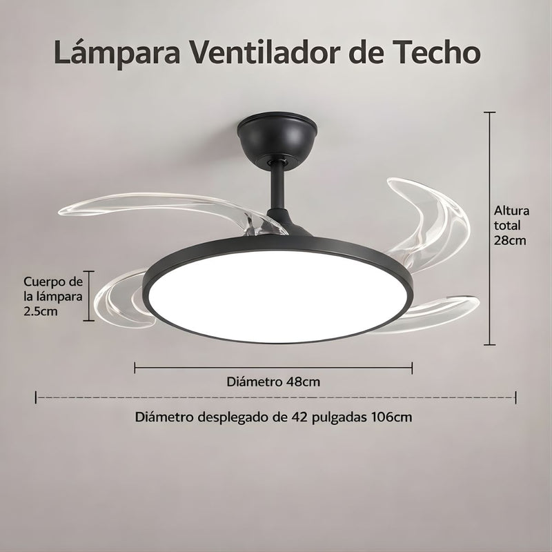 Abanico de Techo 42” con Lámpara LED. Ventilador Invisible con Aspas Retráctiles. Luz Regulable con control remoto. Color negro.  96W+35w para 10 a 25mts