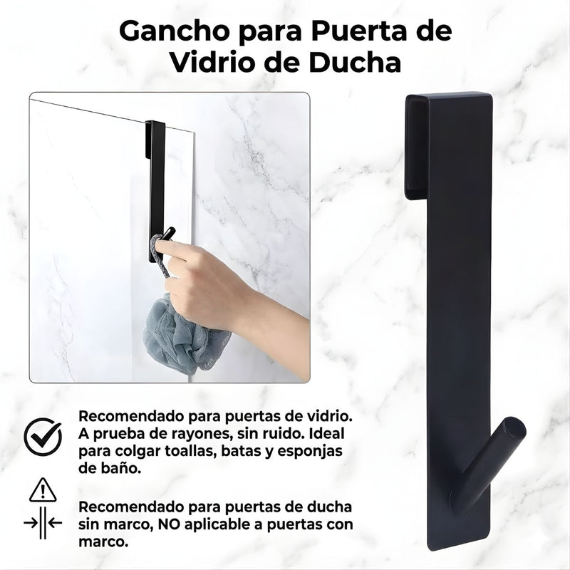 Gancho Colgante Para Puertas De Vidrio De Baño 17.5x 2.5 cm Color Negro. Acabado Resistente para vidrio sin marco de hasta 2.5 cm de espesor