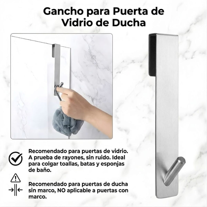 Gancho Colgante Para Puertas De Vidrio De Baño 17.5x 2.5 cm Color Silver. Acabado para vidrio sin marco de hasta 2.5 cm de espesor