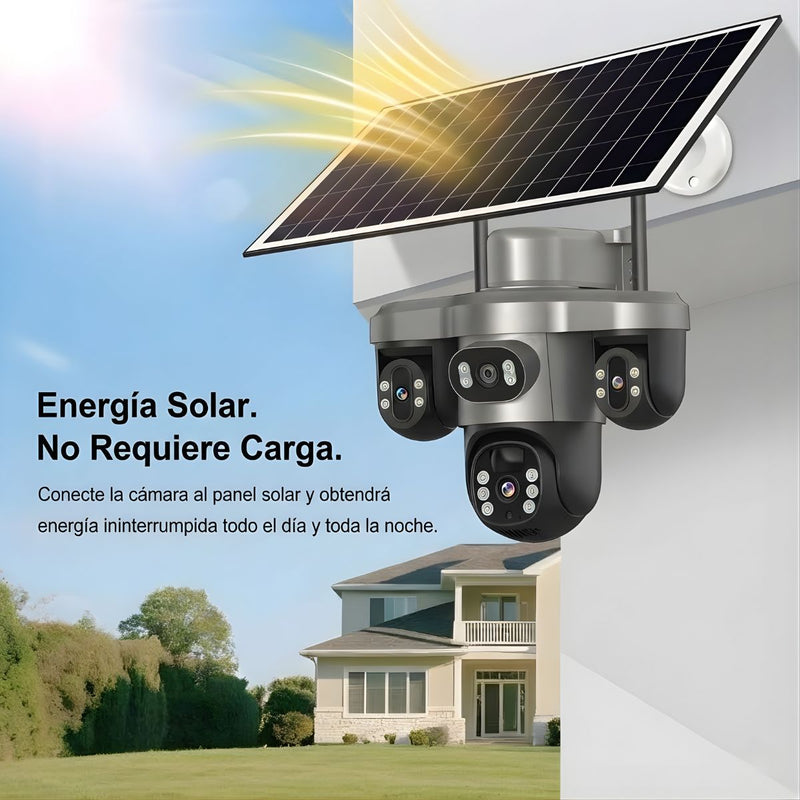 Cámara de Seguridad Solar 4G LTE Exteriores Triple Lente y Pantalla, PTZ 360°, Zoom 10X, Visión Nocturna a Color y Detección Humana Color Gris T12 (Funciona solo con SIM CARD 4G)