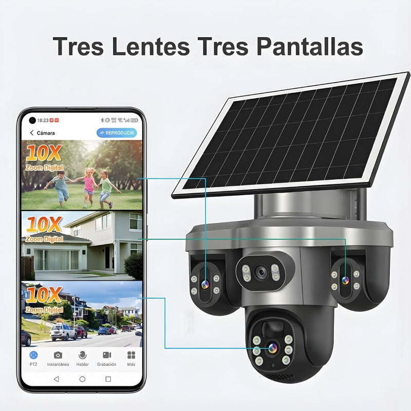 Cámara de Seguridad Solar 4G LTE Exteriores Triple Lente y Pantalla, PTZ 360°, Zoom 10X, Visión Nocturna a Color y Detección Humana Color Gris T12 (Funciona solo con SIM CARD 4G)