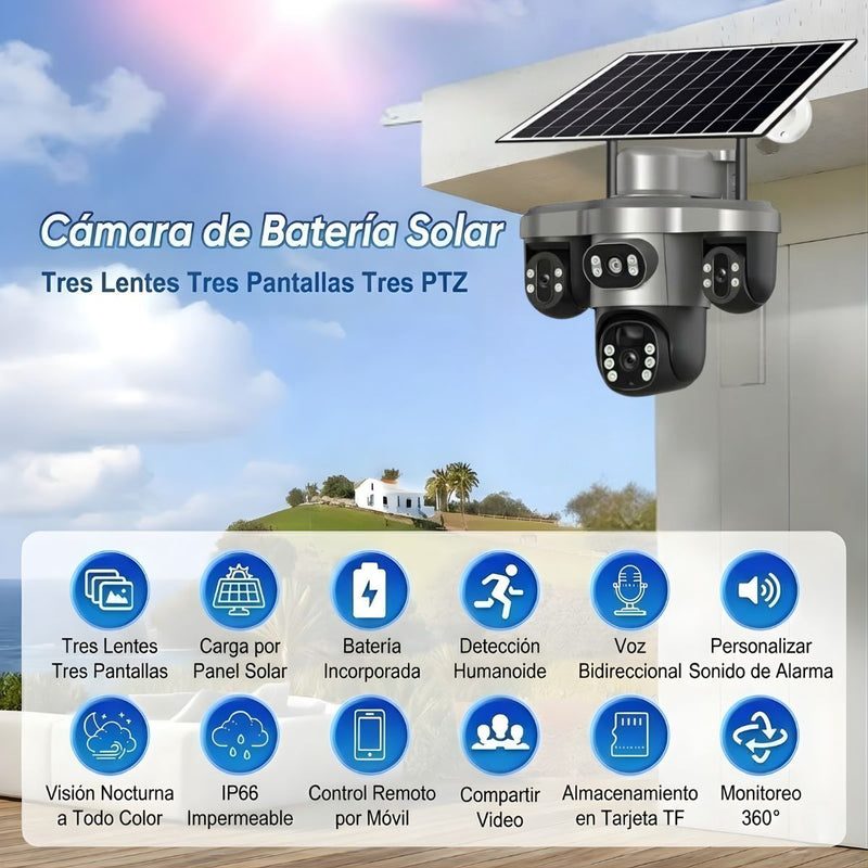 Cámara de Seguridad Solar 4G LTE Exteriores Triple Lente y Pantalla, PTZ 360°, Zoom 10X, Visión Nocturna a Color y Detección Humana Color Gris T12 (Funciona solo con SIM CARD 4G)