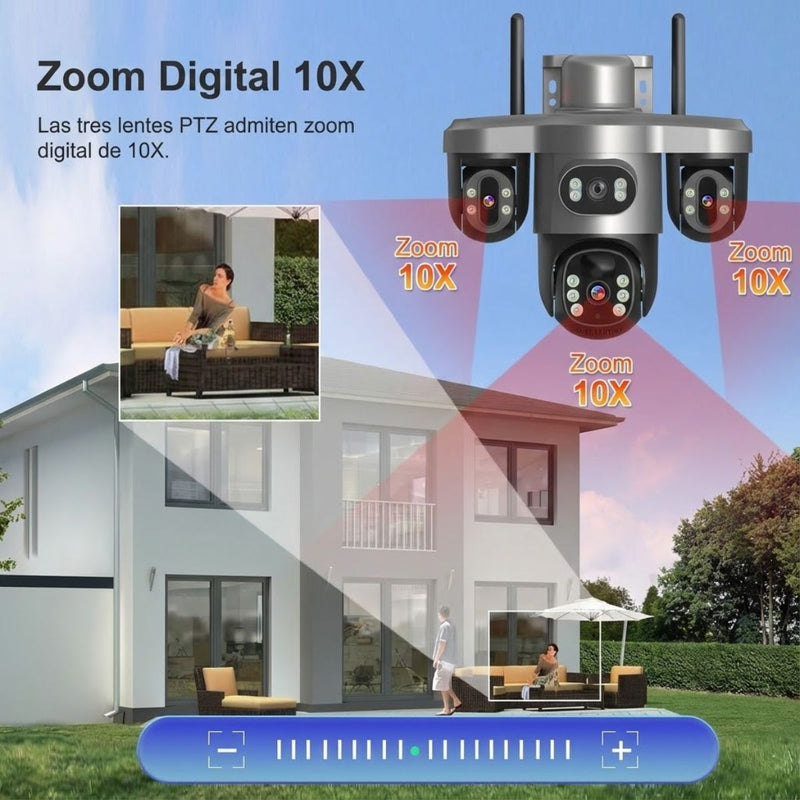Cámara de Seguridad Solar 4G LTE Exteriores Triple Lente y Pantalla, PTZ 360°, Zoom 10X, Visión Nocturna a Color y Detección Humana Color Gris T12 (Funciona solo con SIM CARD 4G)
