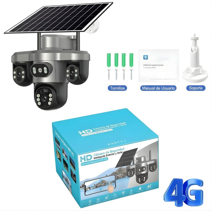 Cámara de Seguridad Solar 4G LTE Exteriores Triple Lente y Pantalla, PTZ 360°, Zoom 10X, Visión Nocturna a Color y Detección Humana Color Gris T12 (Funciona solo con SIM CARD 4G)