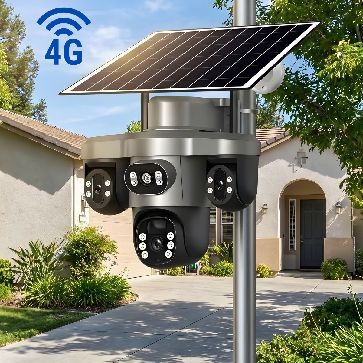 Cámara de Seguridad Solar 4G LTE Exteriores Triple Lente y Pantalla, PTZ 360°, Zoom 10X, Visión Nocturna a Color y Detección Humana Color Gris T12 (Funciona solo con SIM CARD 4G)