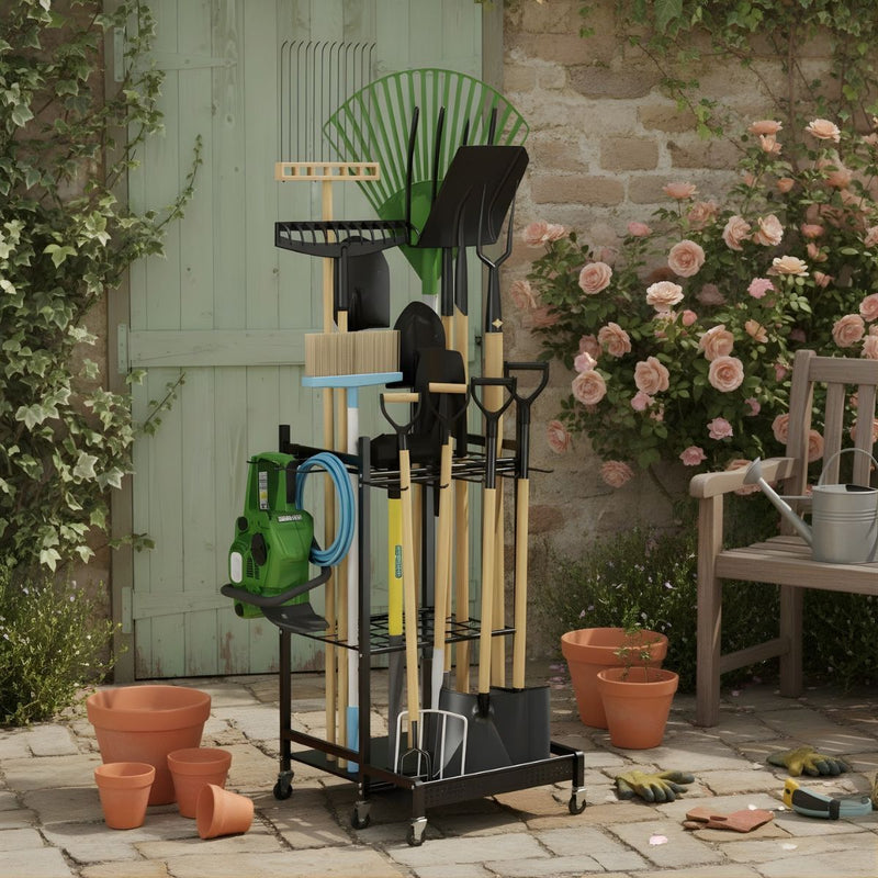 Organizador de Herramientas de Jardín con Ruedas 79×43×30 cm, Estantería Metálica Porta Herramientas para Garaje y Patio. Rack