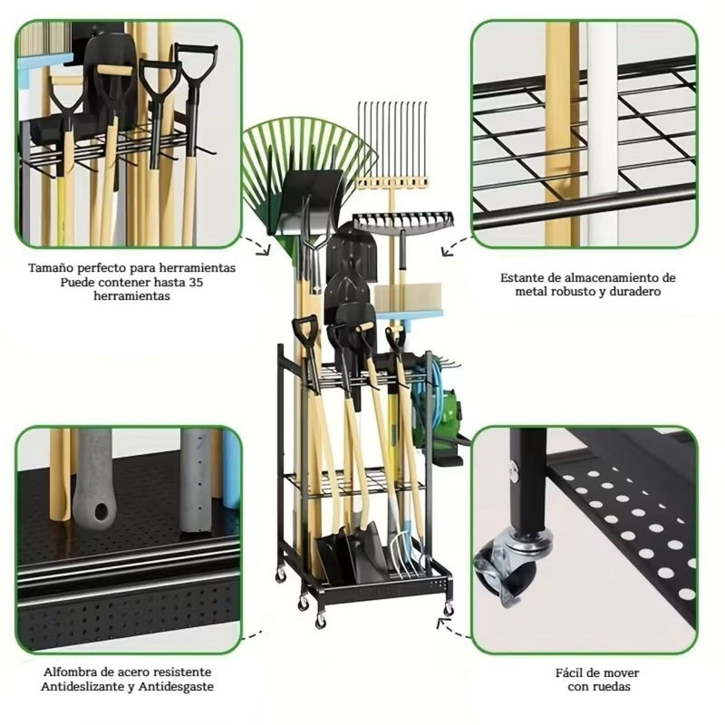 Organizador de Herramientas de Jardín con Ruedas 79×43×30 cm, Estantería Metálica Porta Herramientas para Garaje y Patio. Rack